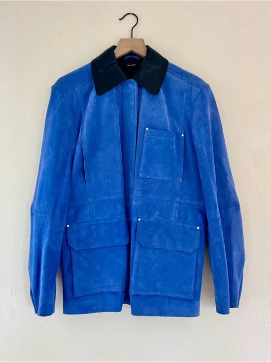 NWT Zara Electric Blue Suede Jacket with Black Leather Collar - Picture 2 of 16